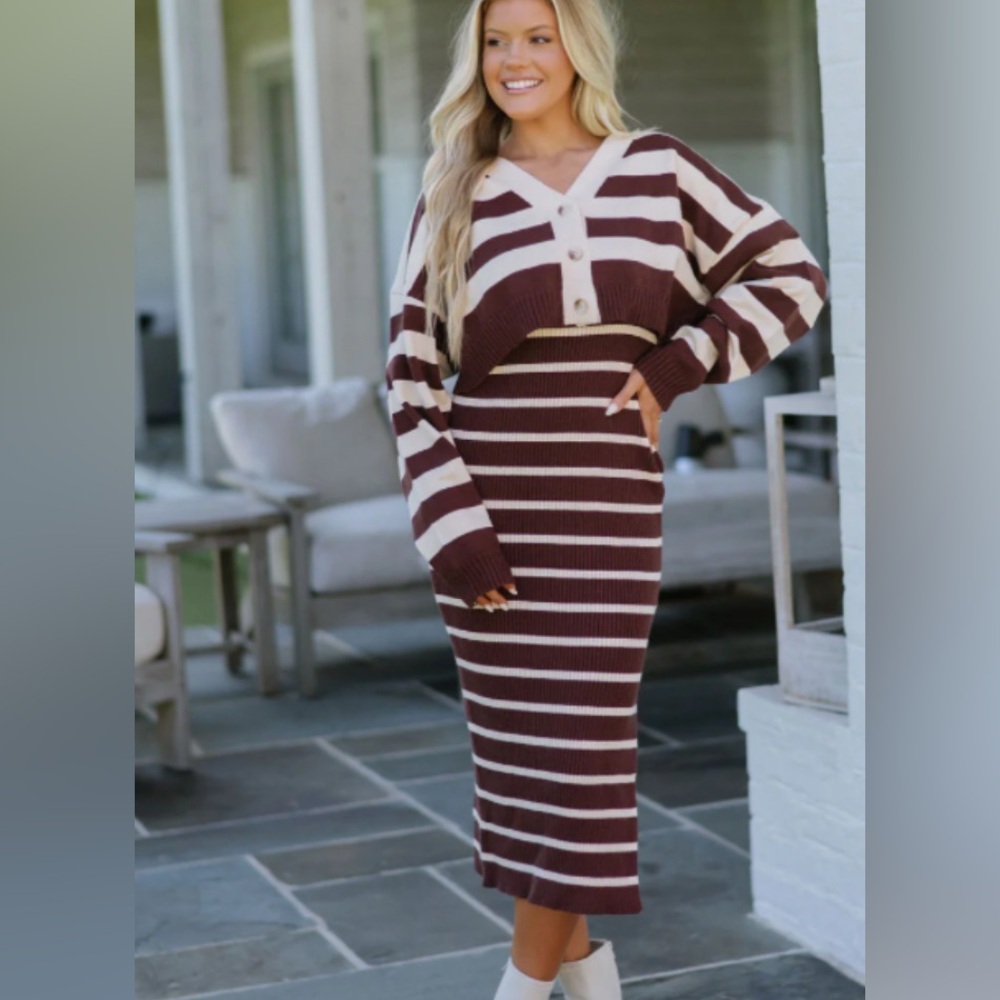 MABLE Brown and Cream Striped Pencil Skirt